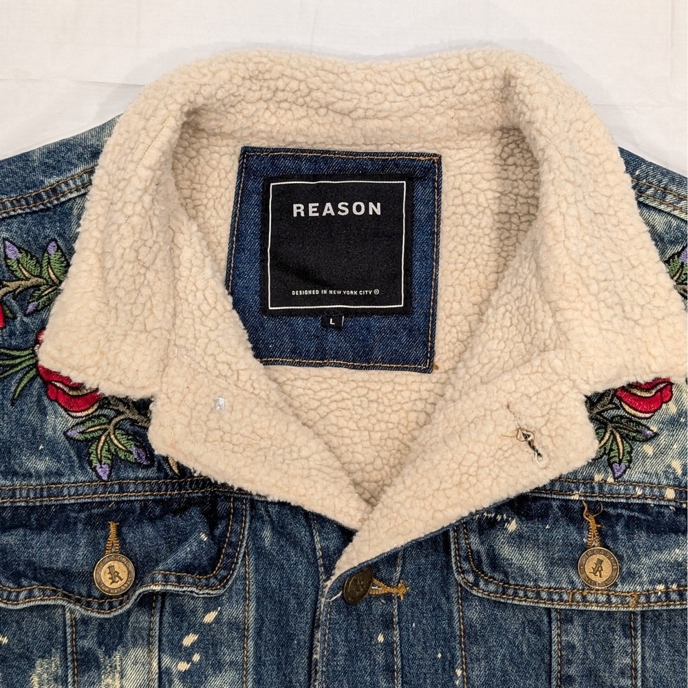 Reason Denim Sherpa Trucker Jacket L Death Before Dishonor Embroidery Distressed - Picture 10 of 14